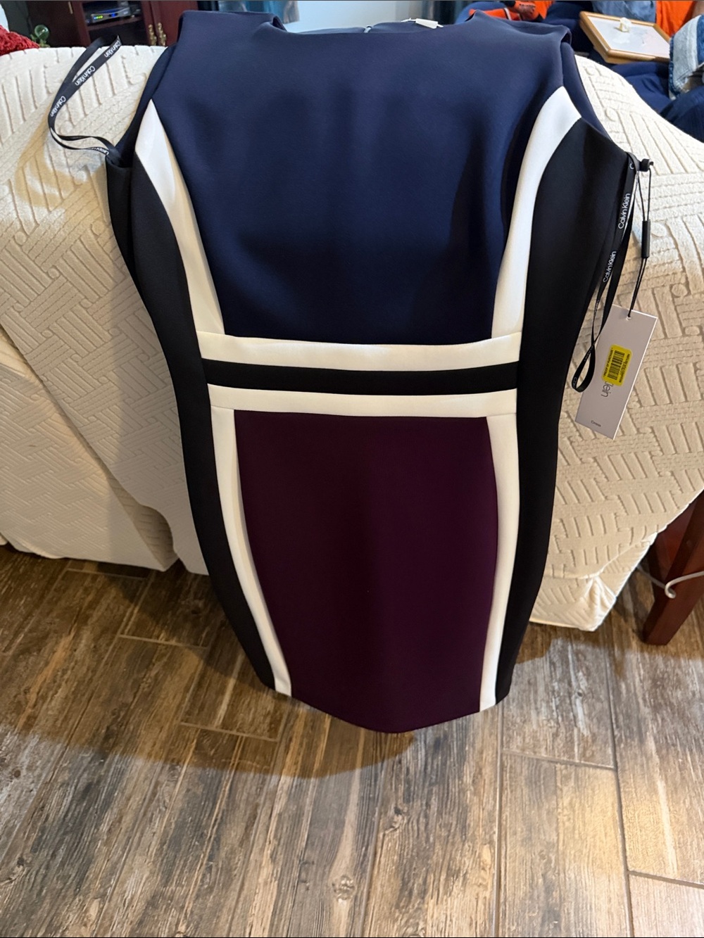 Calvin Klein Navy, Black, Plum and White Colorblock Midi Dress